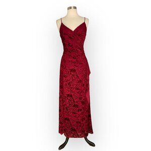 Vintage 90's Rampage Red Floral Velvet Front Wrap Ruched Maxi Dress S/M